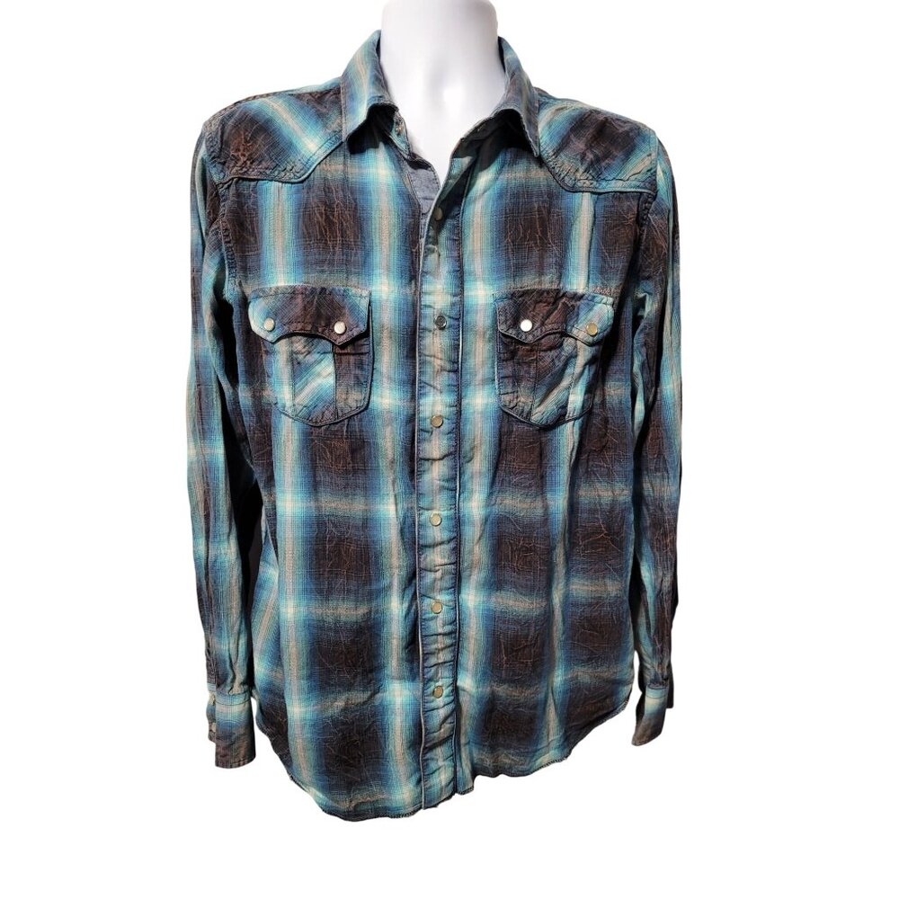 Petrol Industries Mens L Plaid Western Shirt Pearl Snap Blue Brown 100% Cotton - Picture 2 of 12